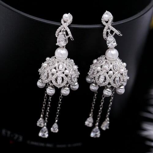 Bilincolor Trendy high quality white pearl long tassel drop earring for women wedding brial night club