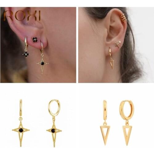 ROXI Gothic Black Stone Cross Triangle Hoop Earrings for Women Men Jewelry Cartilage Earrings 925 Sterling Silver Pendientes