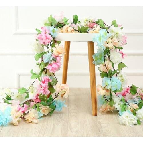 Silk Artificial Cherry Blossoms Vine Hanging Flowers For Wall Decor Rattan Fake Plants Leaves Garland Wedding Home Decoration