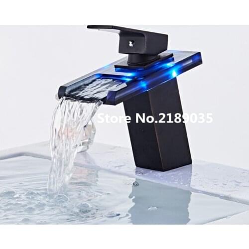 Three Colours LED Light Glass Waterfall Basin Faucet for Bathroom The Black Deck Mount Square Vanity Sink Mixer Tap NVT-8889