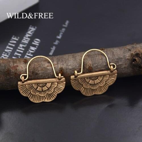 Wild & Free Vintage Style Antique Gold Small Geometric Hoop Earrings For Women Girl Ethnic Alloy Semicircle Cloud Flower Earring
