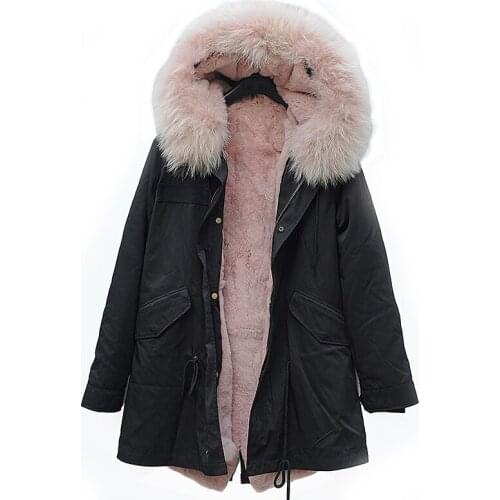 CX-G-P-07E Women Black Parka Real Rex Rabbit Lining Big Fox Fur Collar Hooded Winter Parka Coat