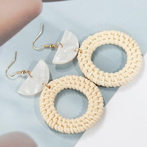 AENSOA Rattan Knit Drop Earrings for Women Bamboo Round Dangle Earrings 2021 Vintage Summer Jewelry Gift