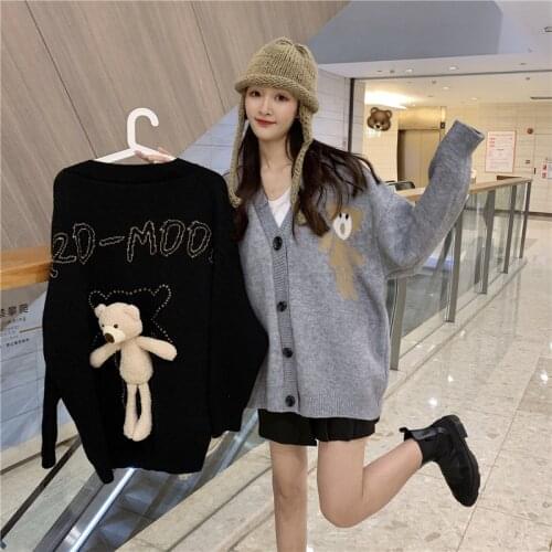 Autumn New Cardigan Sweater Female Detachable Stereo Bear Cartoon Kawaii Thicken Long Sleeve V-Neck Korean Knitted Women Outwear