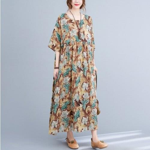 Oversized Women Summer Loose Casual Dress New Arrival 2021 Arts Style Vintage Floral Print Female Cotton Long Dresses B364