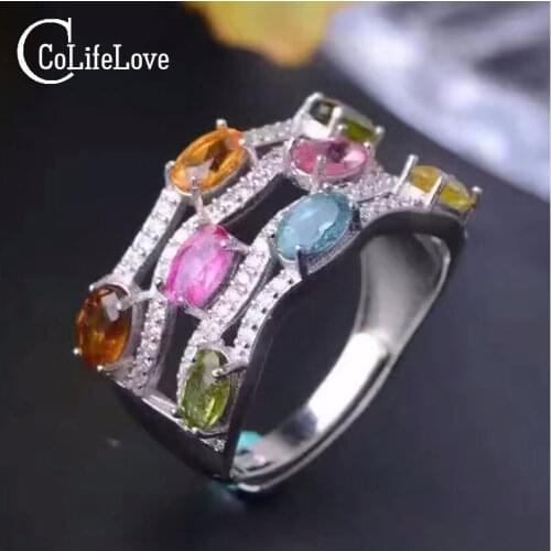 Fashion multicolor gemstone ring 3*5mm natural tourmaline ring solid 925 sterling silver tourmaline ring romantic gift for woman