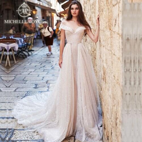Michelle Royce 2 In 1 Wedding Dresses 2020 Scoop Short Sleeve Illusion Lace Chapel Train Wedding Dresses Vestido De Novia