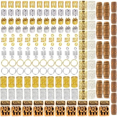 160PCS Imitation Wood Tube Beads Metal Ring Adjustable Braids Cuffs Clips Set DIY Headwear Hair Accessories