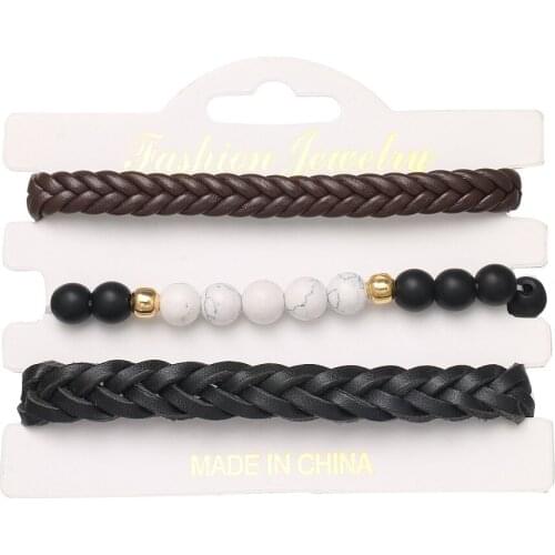 2021 Charm Jewelry Handmade Weave Multilayer Leather Beads Bracelets for Women Vintage Rope Wrap Cuff Adjustable Bracelet