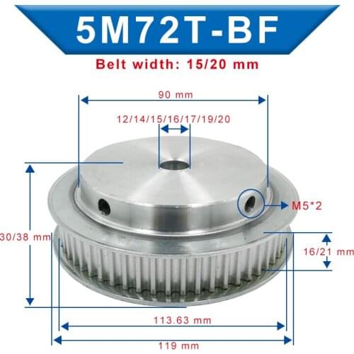 5M-72T Pulley Bore Size 12/14/15/16/17/19/20 mm Aluminum Belt pulley Slot Width 16/21 mm For Width 15/20mm 5M-rubber timing belt