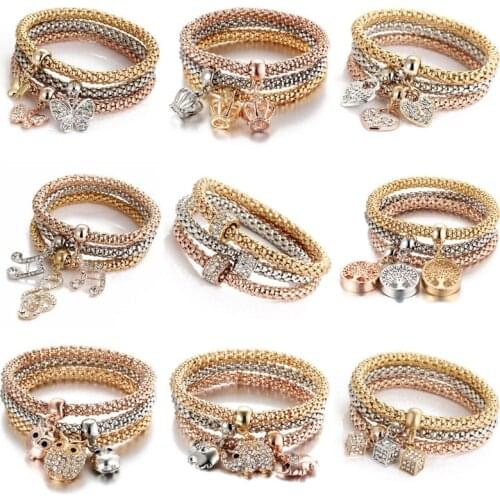Modyle Boho 3PCS/Set Crystal Bracelets & Bangles Gold Color Wrap Charm Bracelets for Women Fashion Jewelry
