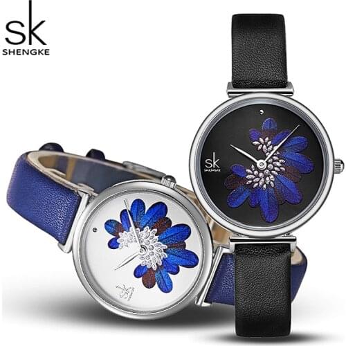 SHENGKE Women Watches Top Brand Luxury Fashion Blue Leather Watchband Waterproof Wristwatch for Womens Quartz Watch Lady Clock