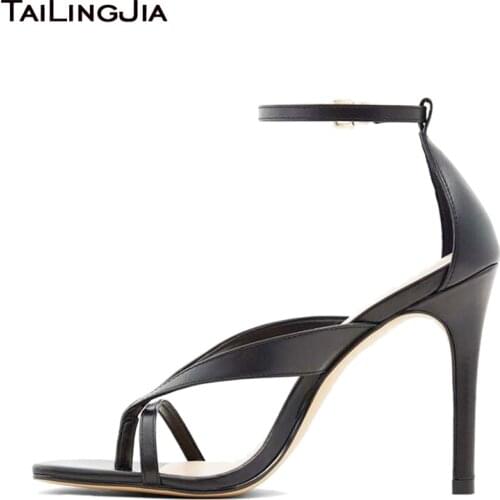 Black PU Leather Womens Stilettos High Heel Summer Sandals Square Toe Thong Shoes Ladies Big Size Flip Flops Ankle Strap Shoe