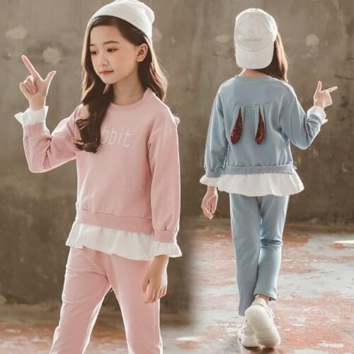 Girls Sweat Suit Set Kids Girl Sweatshirt Sequins Rabbit Ear + Sweat Pants Clothing Set Children Korea Tracksuit Sports Suit Set