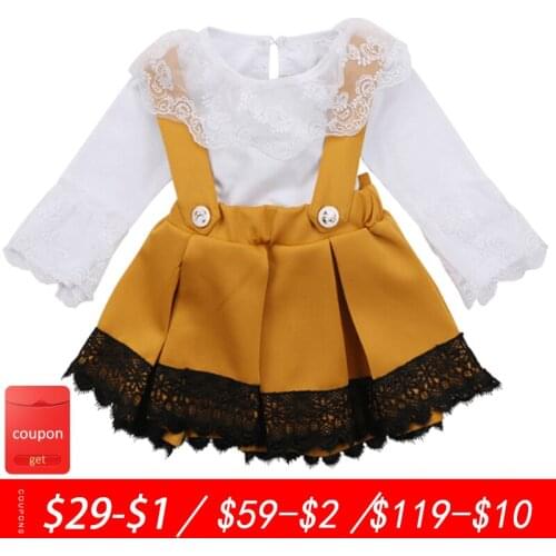 Baby clothes spring lace long-sleeved dress for girls two-piece dress with suspenders and bow cute cotton suit for girls