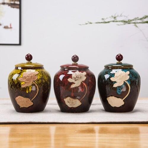 Porcelain Kiln Changed Tea Canoister Tea Box Household Puer Sealed Storage Jar Lotus Pattern Decorated Tea Caddy Kitchen Supply