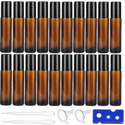Freeship 25pcs 10ml Amber Glass Roller Bottles 0.34oz Leakproof Empty Refillable Essential Oil Glass Roller Bottle with Stainles