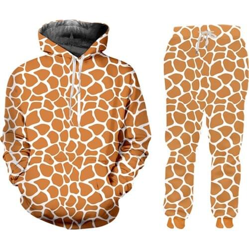 IFPD 2021 Mens 2 Pcs Set Casual Animal Cosplay 3D Printing Giraffe Stripes Print Harajuku Hoodie And Jogging Pants Large Size