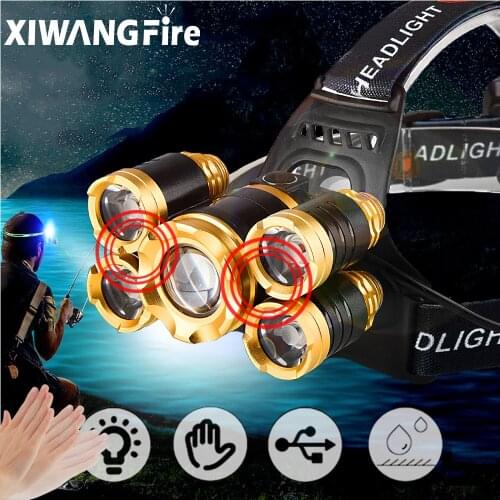 Powerful LED Headlamp Fishing Headlight 5 LED T6 Head Lamp with Sensor Head Torch 18650 Battery Best for Camping, Fishing