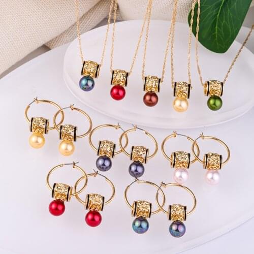 New Design Fashion Jewelry Sets Hawaiian Colorful Pearl Gold Polynesian Flower Pendant Necklaces Earring Set Wholesale for Women