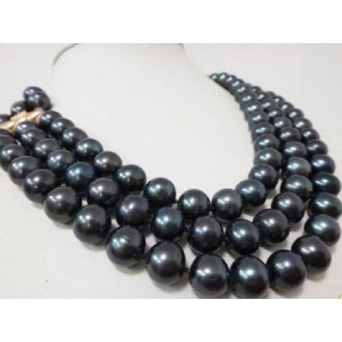 Charming 3row 9-10 mm natural black pearl necklace yellow clasp