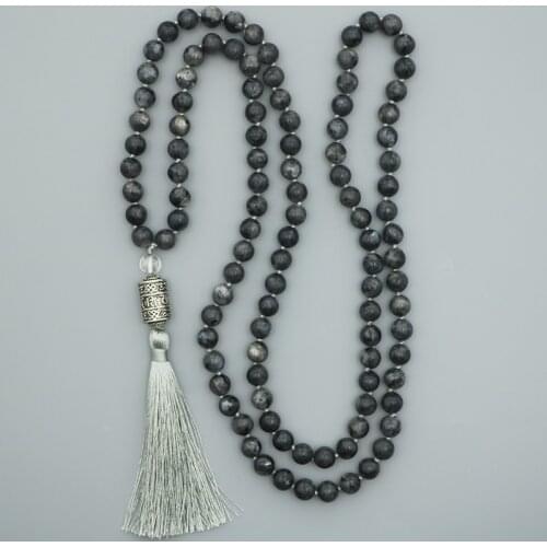 EDOTHALIA 8MM Black Labradorite Bead Mala Necklace, With Six Ture Mantra Words Pendant Necklace