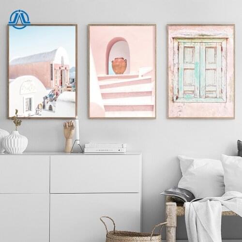 Santorini Posters and Prints Beauty Greece Pink Door Wall Art Photography Canvas Painting Nordic Pictures Decorative Home Decor