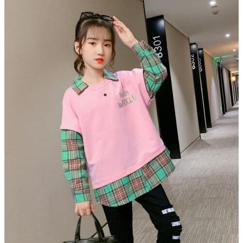 Girls Shirt Children Clothing Autumn Girl Plaid Fake Two-Piece Shirt 4-14 Years Old Autumn Girl Fashion Stitching Shirt