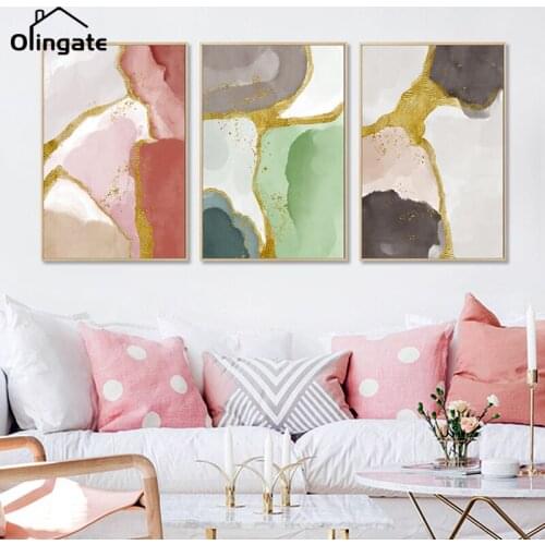 Nordic Scandinavian Picture Print One Piece Abstract Marble Wall Art Poster Pink Golden Geometric Canvas Painting Home Decor