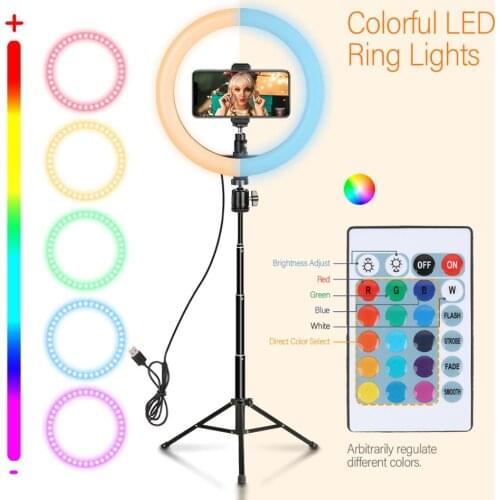 10 Inch LED RGB Ring light with 150cm Tall Tripod + Bluetooth Remote Control , studio light For Photograpy Youtube video lamps