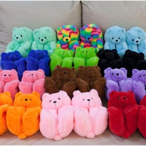 Teddy Bear Women Chirstmas Plush Slippers Warm Furry Plush Slides Woman Furry Flip Flops Shoes Cute Bear House Cotton Slippers