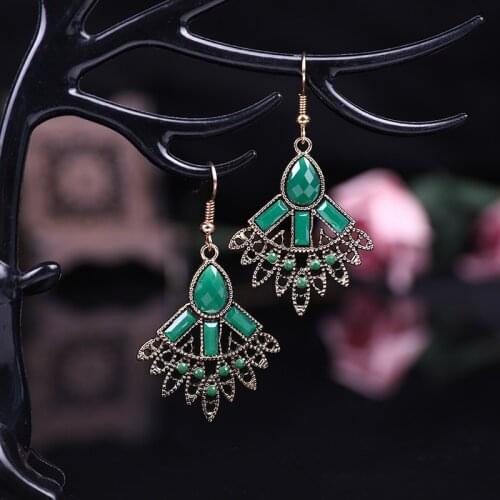 Vintage Ethnic Fan-Shaped Bohemian Earings Gypsy Nepal Alloy Hollow Green Bead Dangle Hanging Earrings For Women Indian Jewelry