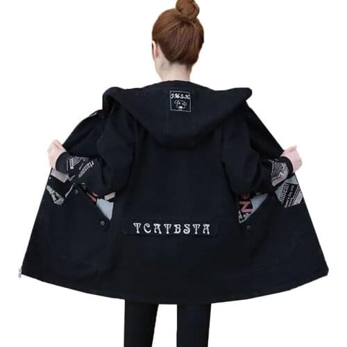 New Womens Denim Jacket Plus Size Splicing Ladies Spring Autumn Jacket Zip Hooded Casual Cowgirl Female Windbreaker Outerwear