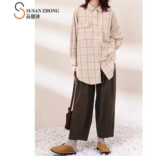 Women Shirts Female Blouse Lady Top 2021 Spring Natural Normcore Designer Casual Cotton Turn-Down Collar Check Pattern Buttons