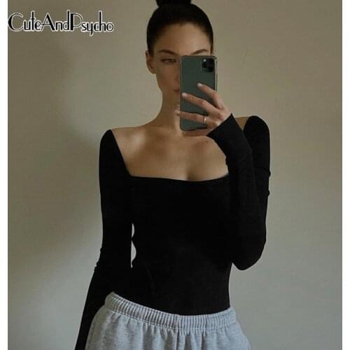 Streetwear Solid Womens Skinny Bodysuits Korean Casual Basic Cotton Jumpsuits Square Collar Long Sleeves Bodysuit Cuteandpsycho