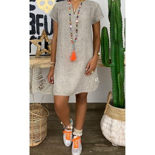 Cotton And Linen 2021 Spring And Summer Loose Mini Dress Femme Solid Color Dress Short Sleeve V-neck Dress Womens Clothing