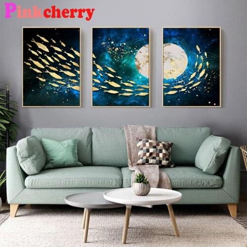 Diy diamond painting Abstract Gold Fish and moon 5d diamond embroidery diamond art kit home decortiom wall sticker 3 piece