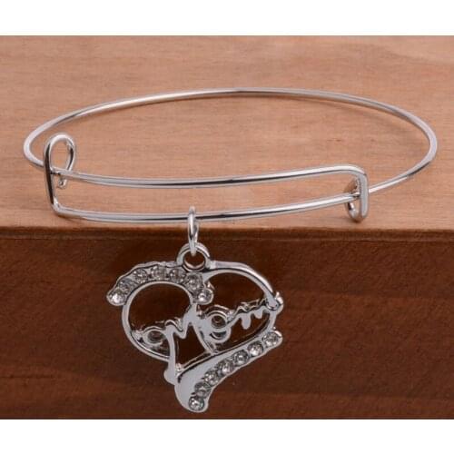 Bespmosp 12PCS/Lot Wholesale Mom Heart Crystal Rhinestone Pendant Bracelet Bangles Charm Mothers Day Women Girl Love Jewelry
