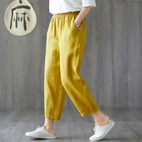 2021New Womens Summer Pants Cotton Linen Solid Elastic waist Harem Cropped trousers Soft high quality for Female ladys FC924