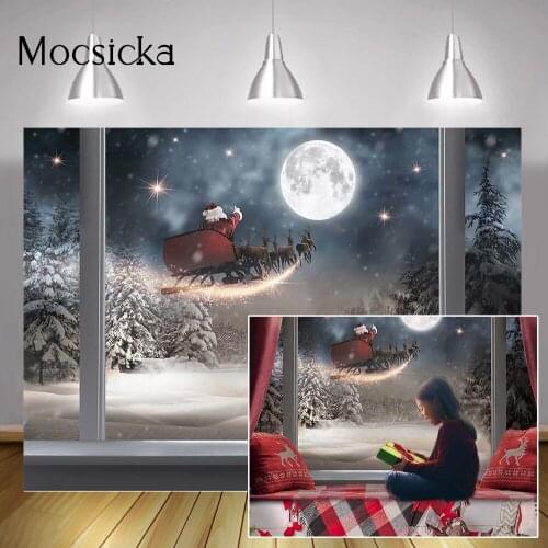 Christmas Night Dreamland Background Photography Winter Snow Portrait Backdrop Christmas Pine Forest Santa Claus Moon Photocall
