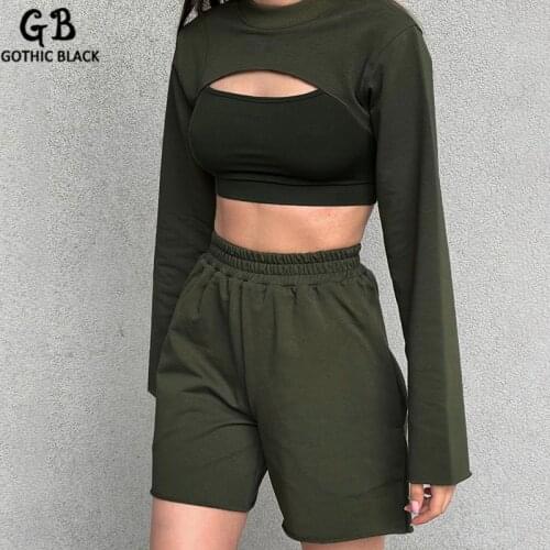 Gothblack 3 Piece Set Solid Causal Sport Slim Long Sleeve Top Loose High Waist Short Pants Simple Sexy Streetwear Women Outfits