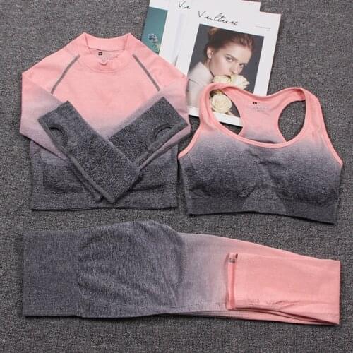 Seamless Yoga Sets Ombre Sports Bra Long Sleeve Crop Top Shirt Running Leggings Gym Set Women Sportswear Fitness Clothing Suits