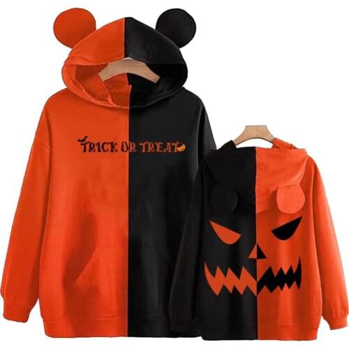 Halloween Costume Trick or Treat Hoodie Color Block Orange and Black Pumpkin Face Sweatshirts Cozy Tops Sudadera Felpa Moletom