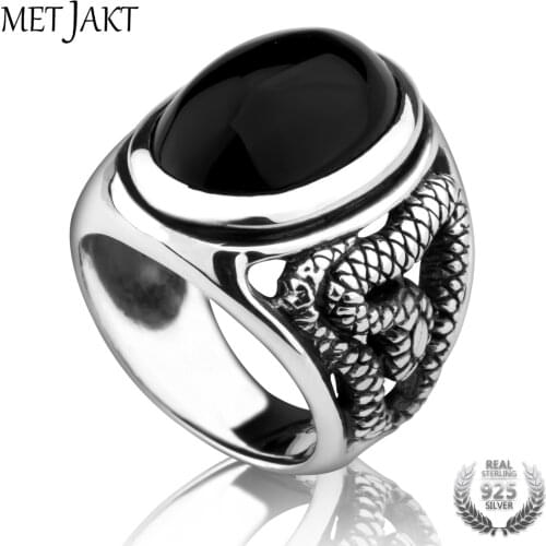 MetJakt Vintage Punk Natural Agate Ring & Hand-carved Snake Pattern Solid 925 Sterling Silver Ring for Mens Party Jewelry