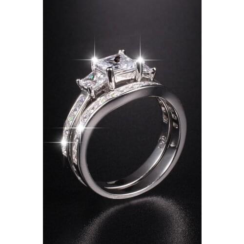 Fashion Square Three-stone Diamond Rings Sets 2-in-1 Handmade 10KT white gold Engagement Wedding rings for Women Jewelry gift