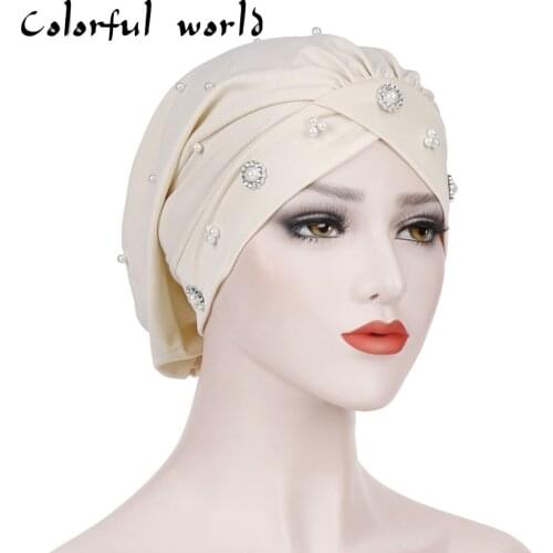 Muslim Turban Islamic Inner Hijab Caps Forehead Cross Pleated Beads Hat Nightcap Chemotherapy Cap Scarf Arab Wrap Head Scarves