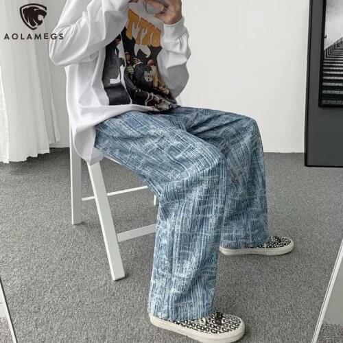 Aolamegs Mens vintage Jeans Hip Hop Casual Wide Leg Pants Tie Dye Stripe Denim Trousers for Men Women Oversized Harajuku Pants