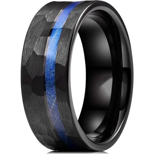Unique 8MM Mens Black Hammered Tungsten Carbide Ring Inlay Blue Dyed Wood Multi-Faceted Men Engagement Ring Mens Wedding Band