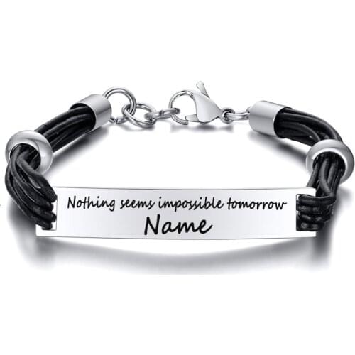 Men Engrave Name Leather Bracelet Vintage DIY Stainless Steel Bracelets & Bangle Male Jewelry Gift