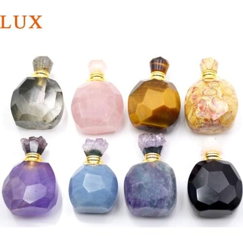 Natural pear shape gems perfume essential oils bottle a variety of stones caps pendant with stick for necklace jewelry making